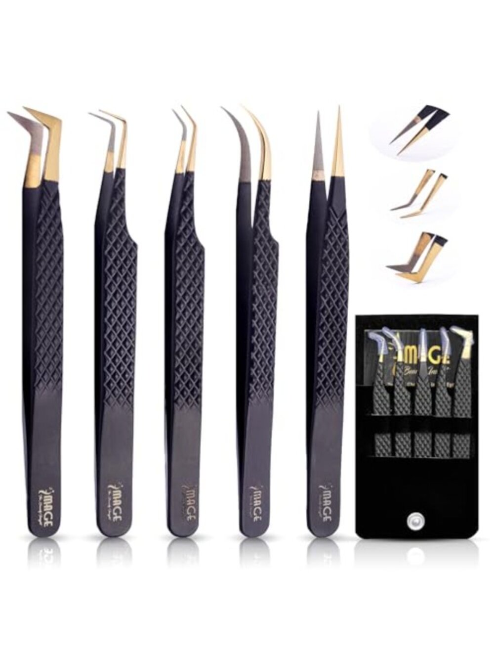 5 Pc Fiber Tip Eyelash Extension Tweezers Japanese Steel Leather Case